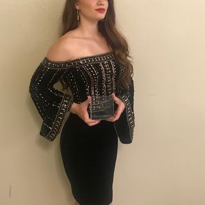 Tony Bowls studded velvet long sleeve cocktail